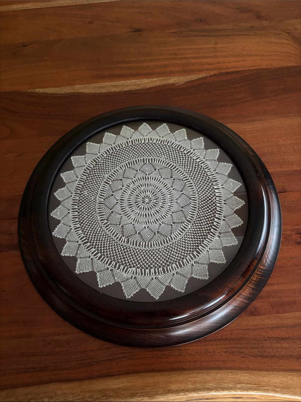 Handcrafted White Lace Doily Wall Art in Dark Wood Frame